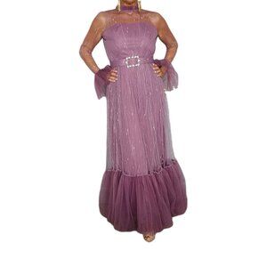 Women's Purple Tulle Evening Gown with Sheer Sleeves Rhinestone Belt Size M